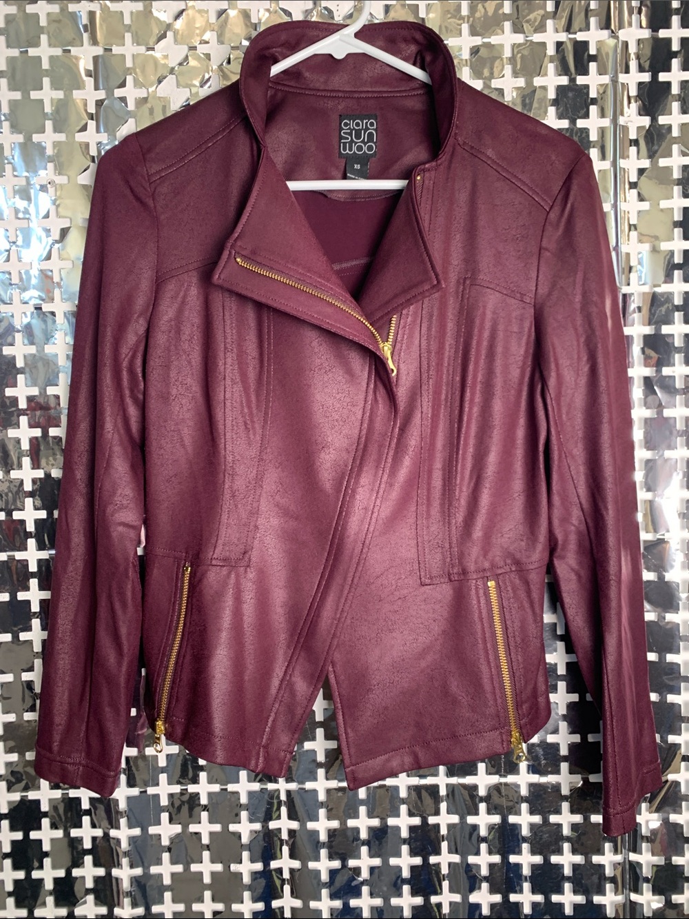 Clara Sun Woo Burgundy Faux Leather Moto Jacket with Gold Zippers